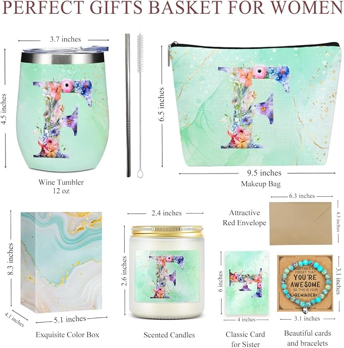 Personalized Gifts Monogrammed Birthday Gifts for Women, Aunt Grandma Retirement Christmas Initial Wine Tumbler Makeup Bag Scented Candle Bracelet Set, (Aesthetic Green Flower F)