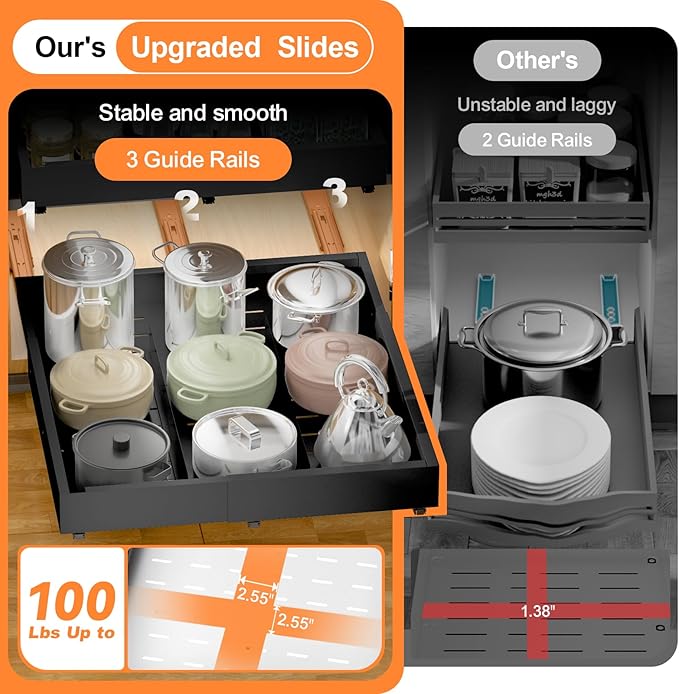 Pull out Cabinet Organizer Expandable W(12"-20") and D(16"-22"), No Drill Adjustable Slide Out Drawers With 3 Slide Rails, 2Pcs Magnetic Panel, Adhesive Roll out Shelves for Kitchen, Cabinets, Pantry