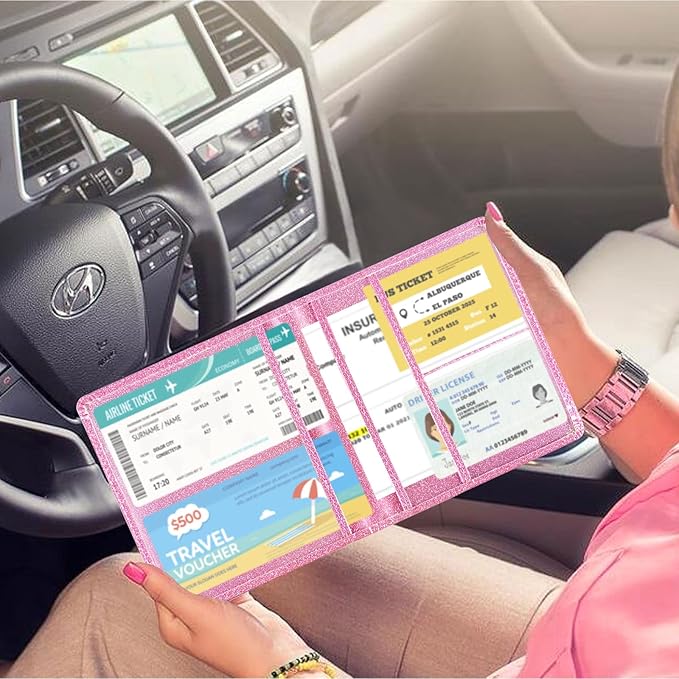Car Registration and Insurance Holder, 5.5 x 5 Inch PU Leather Vehicle Glove Box Organizer Wallet Case Organizer for Insurance Card, Driver License, Essential Document, Paperwork Glitter Hot Pink
