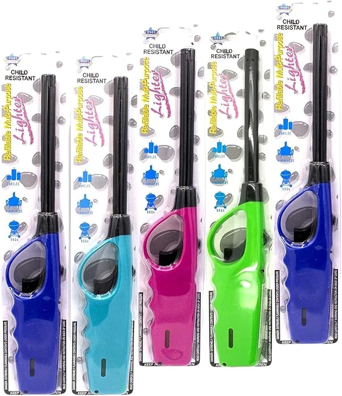 Refillable Butane Long Neck Utility Lighters Multi-Purpose 5-Pack