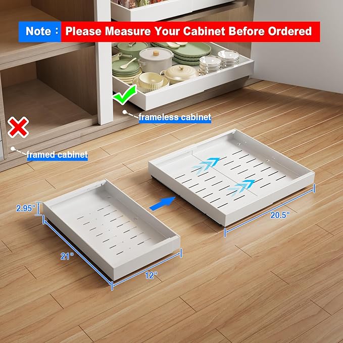 MUSTORN 2 Pack Pull Out Cabinet Organizer Expandable, 21"Deep Slide Out Drawer for Cabinets Adhesive Pull Out Drawers Heavy Duty Pull Out Shelves for Kitchen, Cupboard, Pantry, Bathroom(White)