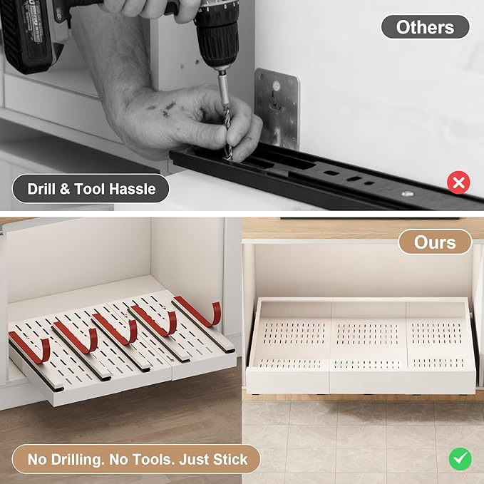 Pull out Cabinet Organizer,Expandable Width(23"-31"),Depth(17"-24") with 5 Rails,Roll out Drawers,No Drill Adjustable Slide out Shelves for Kitchen,Pantry,for Both Lip and Lip-Free Cabinets,White(1PC)