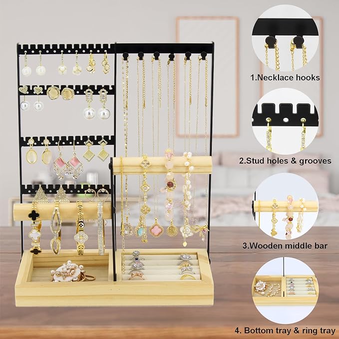 Jewelry Holder Organizer Jewelry Stand, 4-Tier Necklace Stand Earring Holder with Wooden Tray, Jewelry Rack for Bracelets Watches and Rings Display Stand, Gifts for Women & Girls-Black