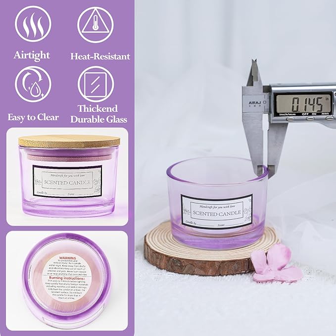 CONNOO 15 Pack 4 OZ Purple Glass Candle Jars with Airtight Bamboo Lids for Making Candles, Bulk Small Wide Mouth Empty Candle Containers with Sticky Warning Labels - Dishwasher Safe, Lavender