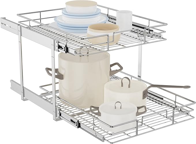 LOVMOR Individual Pull Out Cabinet Organizer, 2 Tier Slide Out Cabinet Drawers, Pots and Pans Organizer and Storage Pantry Shelf for Kitchen (22½" W x 21½" D)
