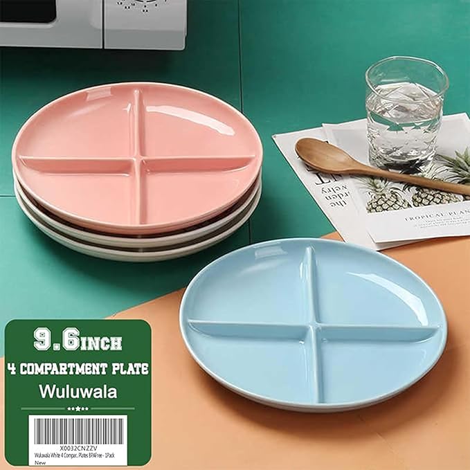 Blue 4 Compartment Divided Plates Snacks Tray Dinner Plate,Food Grade Fruit Plates BPA Free - 1Pack