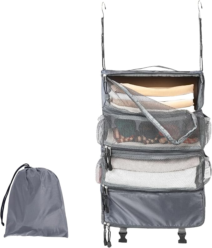 TABITORA Travel Luggage Organizer Hanging Packing Cubes Portable Hanging Shelves Carry on Closet for Suitcase with 2 Hooks,Collapsible(Gray,M)