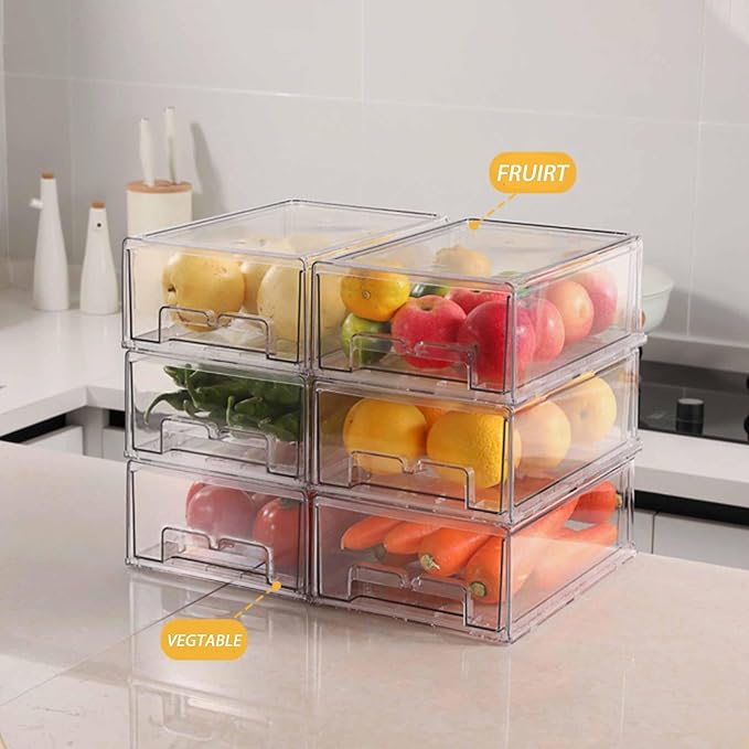 bealy 2 Pack Stackable Clear Storage Drawer,Clear Refrigerator Organizers and Storage Drawer, Pull Out Drawer for Fridge Kitchen Bathroom Cabinet Closet Organizer Pantry