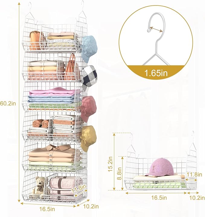 Jautokerdar 6 Tier Extra Large Hanging Closet Organizer, Closet Storage Hanging with Dividers, Wire Closet Shelf with 5 S Hooks 4 Dividers,Sweater Handbag Hat Accessory Storage Hanger,White