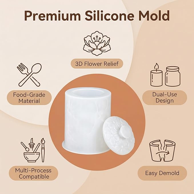 Cylindrical Embossed Flower Storage Jar Silicone Mold, Floral Design Candle Holder Mold for DIY Aromatherapy Plaster, Candles, Resin Crafts - Eco-Friendly Home Decor Gift