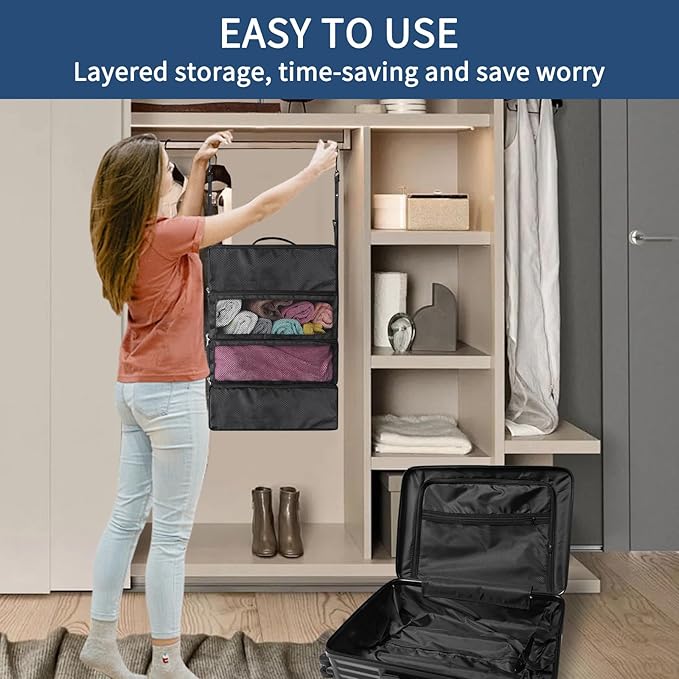 esouler Suitcase Organizer, Travel Luggage Organizer hanging packing cubes for travel，portable hanging travel shelves Collapsible closet organizer for Carry-on (Black, Medium)