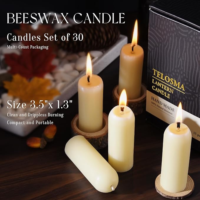 30 Pack Natural Thin Beeswax Pillar Candles - 1.3 inch Wide Dripless Bees Wax Candles, Smokeless Clean Burning for Home, Meditation, Relaxation, Emergency & Power Outages (Off White Beeswax)
