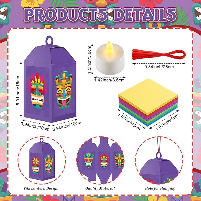 Simgoing 24 Sets Tiki Crafts with LED Candle Light Hawaii Party Decors Tiki Tissue Paper Crafts Kits DIY Your Own Tropical Totem Box Lanterns Hanging for Home Summer Luau Themed Art Party Decorations