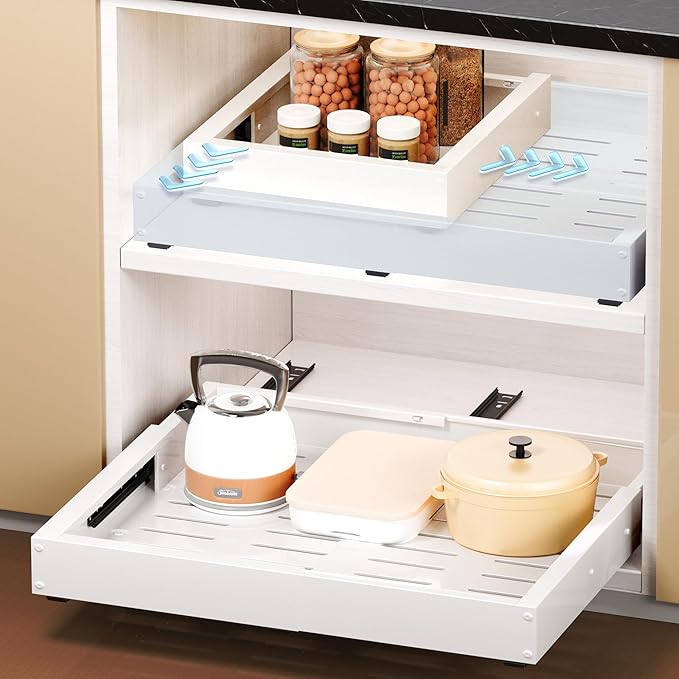 2 Pack Pull Out Cabinet Organizers, Width (12"-19") and Depth (17"-23") Expandable With 3 Slides, No Drill Slide out Drawers Adhesive Film or Nail Cabinets Without Lip in Kitchen, Pantry or Bathroom