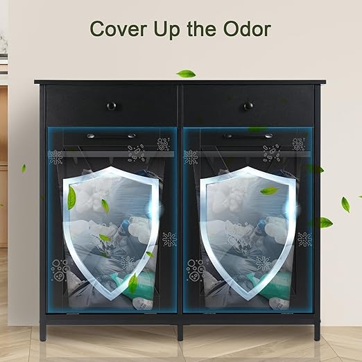 Clevich Double Tilt Out Trash Cabinet 20 Gal, Kitchen Wooden Recycling Holder With Drawers & Tabletop, Dog-Proof Bin, Trash Bins NOT Included (Black)