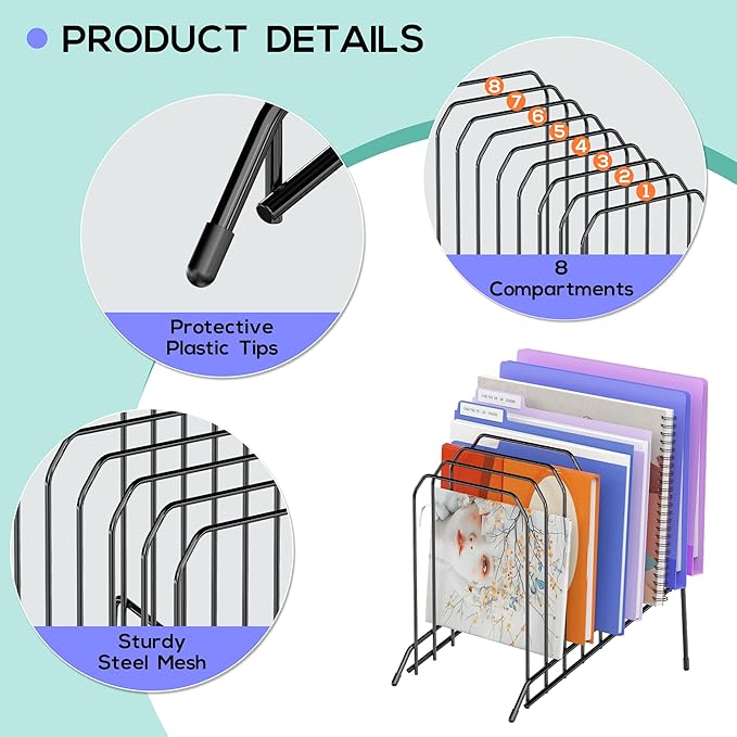 Gawerk Incline Metal Desk Magazine Folder Holder, Sorter Desk File Organizer with 8-Section Vertical Compartments Rack File Organizer for Office, Home, School (2 Pack)