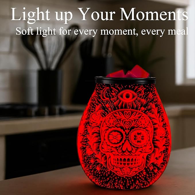 Leyoue 3D Glass Fireworks Electric Wax Melt Warmer with PTC Heating Plate 7 Colors LED Changing Light Wax Burner Melter Fragrance Warmer for Home (Skull Head)