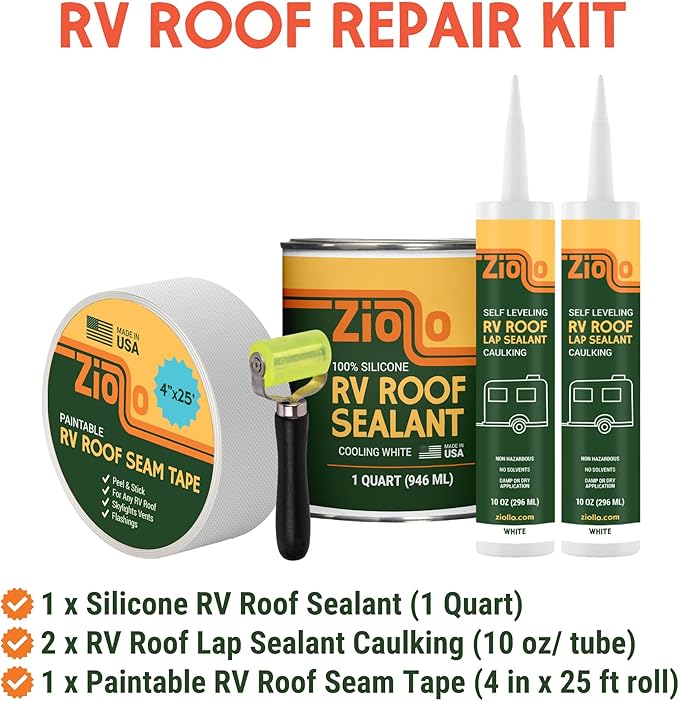 Ziollo RV Roof Small Repair Kit - Roof Repair Kit to Seal and Waterproof, Bond to EPDM Rubber with Sealant (1 Paintable Tape, 2 pk Caulking, and 1 Quart Silicone)