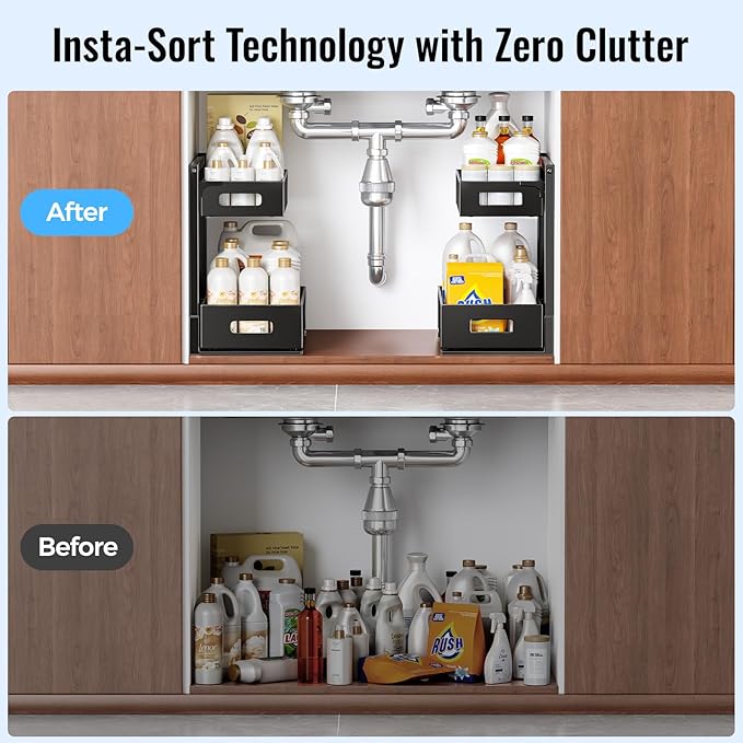 TISTAYA 2 Pack Under Sink Organizer and Storage, Metal Under Kitchen Sink Organizer, Slide Out Bathroom Organizers and Storage, Undersink Organizers for Kitchen Bathroom Cabinet