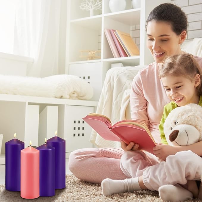 Amylove 4 Pcs 3 x 8 Inch Advent Pillar Candles Set Pink Purple Christmas Unscented Lasting Burning Church Candles for Advent Wreath Holiday Gifting