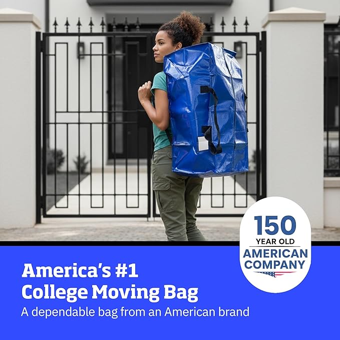 DURASACK Heavy Duty Moving Bag Storage Container Duffle Bag with Zipper, Reinforced Carry Straps and Backpack Straps, Made of Rugged Woven Polypropylene, Pack of 4, Blue