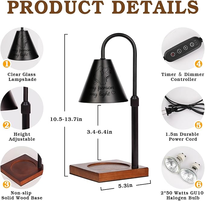 Modern Candle Warmer Lamp with Timer, My Person My Light, Couple Anniversary Valentines Day Gifts for Men Women, Adjustable&Dimmable Candle Lamp Warmer, Black Candle Warmer, Vintage Home Decor