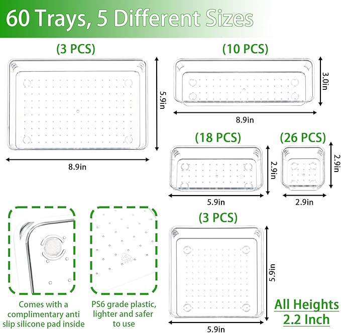 Yieach 60 Pc Clear Plastic Drawer Organizer Set,5 Sizes In Drawer Trays for Bathroom,Office,Kitchen Cabinet and Vanity Organizers,Desk Organizer Bins for Jewelry,Cosmetic,Utensil,Junk