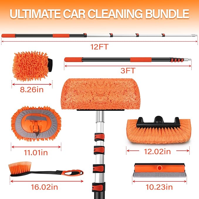 18 FT Reach Car Wash Brush with Long Handle, Car Cleaning Kit with 3-12FT Extension Pole, Soft Bristle Brush, Chenille Microfiber Cleaning Mop&Mitt, Window Squeegee, Wheel Brush for RV, Truck