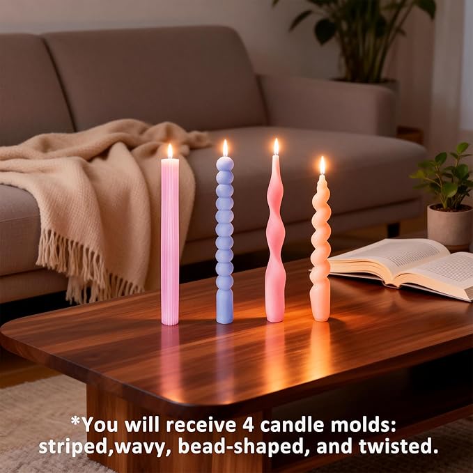 4 PCS Taper Candle Mold - Pillar Long Strip Candle Molds, 3D Silicone Candlestick Making Supplies, Cylinder Wave Twisted Strip Beaded Candlestick Casting Forms for Home Holiday Decor