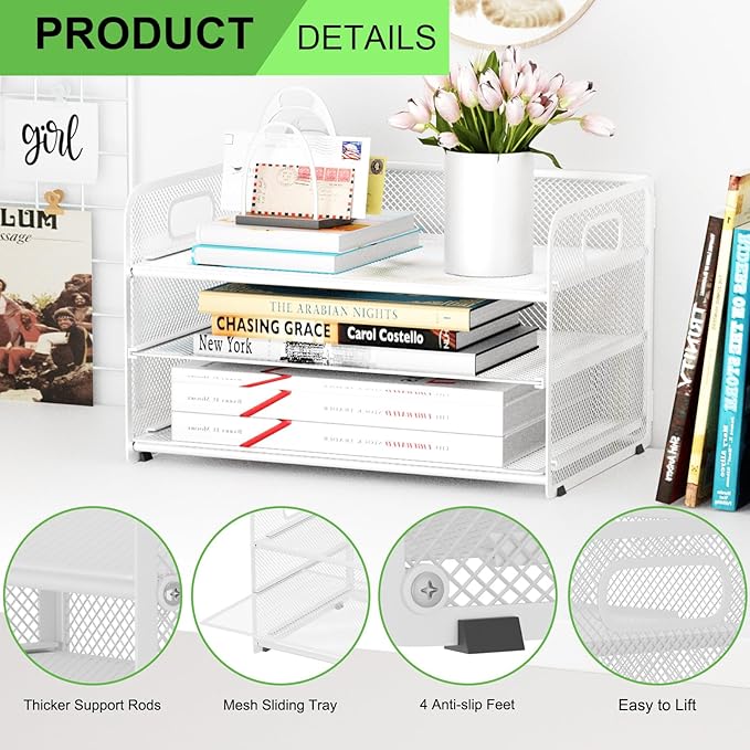 3 Tier Paper Letter Tray Organizer for Desk, Mesh File Folder Document Organizer with Handle for Home Office Supplies Desktop Accessories, White