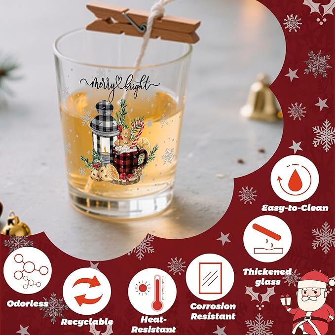 Ziliny 12 Pack 7 oz Christmas Glass Candle Jar with Wood Lids Xmas Classical Thick Empty Jars for Making Candles Small Holiday Container Bulk for Gifts Making DIY Party Supplies Accessories