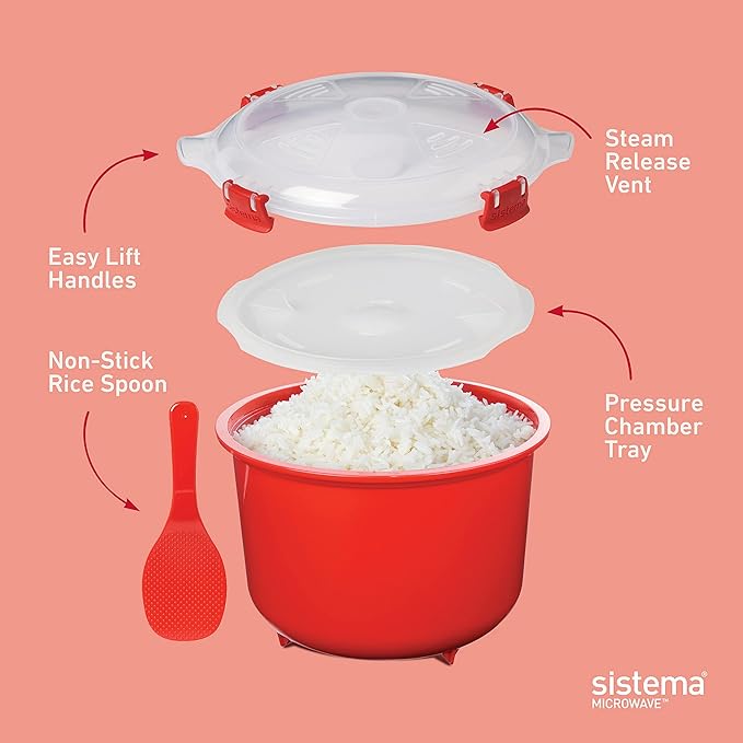 Sistema Microwave Rice Cooker & Round Microwave Food Container Set | 2.6L, 915ml | Food Containers with Steam-Release Vents | BPA-Free | 2 Count