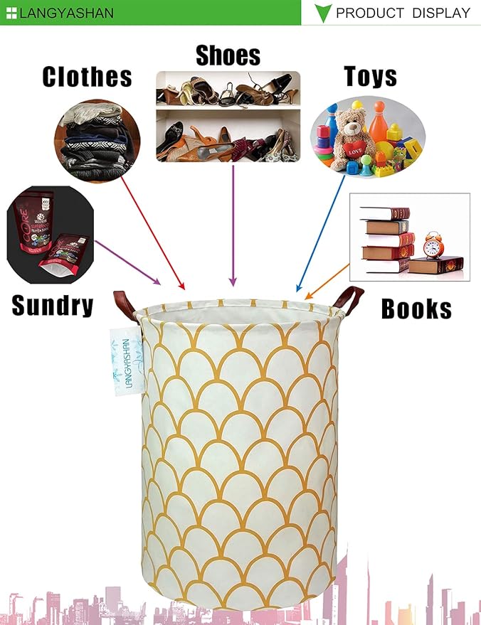 LANGYASHAN Laundry Basket Canvas Fabric Collapsible Organizer Basket for Storage Bin Toy Bins Gift Baskets Bedroom Clothes Children Nursery Hamper (gold egg)