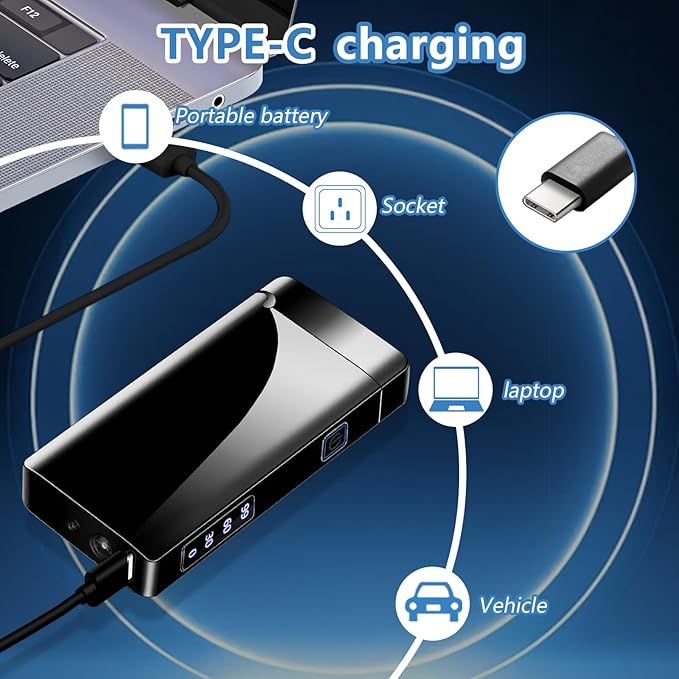 Electric Lighter USB Type-C Rechargeable Plasma Arc Lighter, High Power Flame Torch Lighter Windproof with LED Battery Indication Candle, Incense, Camping Gifts (Ice Black, 220mAh)