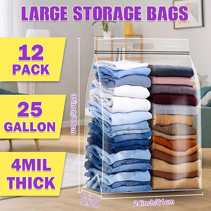 FURWEY 25 Gallon Extra Large Storage Bags 35”x 24”Resealable Clear Bags with Handle 4 Mil Thick Heavy Duty Big Bag for Clothes Pillow Travel Moving,Bedding,Shoes and Toys Storage, Pack of 12