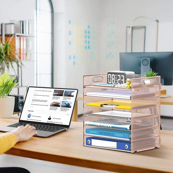 7 Tier Paper Organizer - Mesh Desktop File Holder with Handles for Office School Desk (Rose Gold)