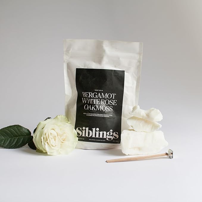 Siblings Candle Refill Kit – DIY Coconut Soy Wax Candle Making Kit for Reusable Vessels – Wooden Wick – No 01: Bergamot, White Rose, Oakmoss – 60 Hour Burn