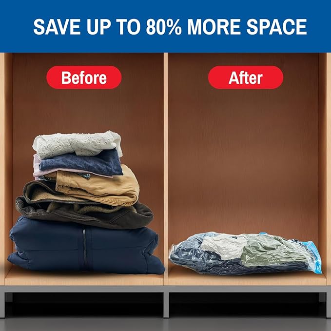 Premium Space Saver Vacuum Storage Bags - Space Saver Bags Jumbo 6 Pack - Save 80% More Storage Space - Reusable, Double Zip Seal & Leak Valve, Includes Travel Hand Pump