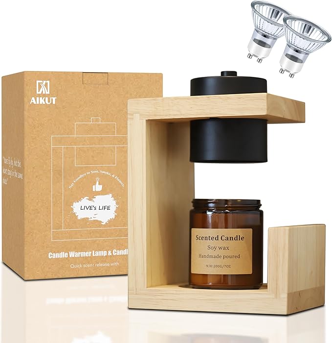 AIKUT Candle Warmer Lamp, with 2 Bulbs,Timer & Dimmer,Simple Natural Wood,Compatible Up to 4.5 inch Candles,for Home Scented and Décor，110-120V (Wood)