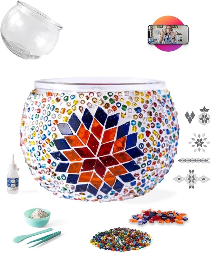 KRAFTSTORIES Turkish Mosaic DIY Candle Holder Kit Glass Decorative Tealight Holder for Living Dining Room Bedroom | Make Your Own Mosaic Candle Holder | Craft Kits for Adults (Multicolor - E08)