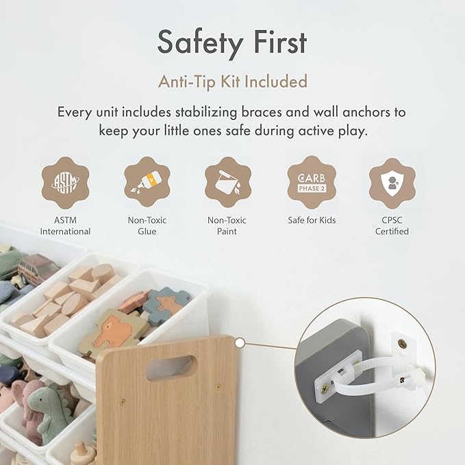 Humble Crew Kids Toy Storage Organizer with 12 Plastic Bins, Natural Wood/White – Removable Bins for Playroom, Bedroom, Toddler Furniture for Boys and Girls Ages