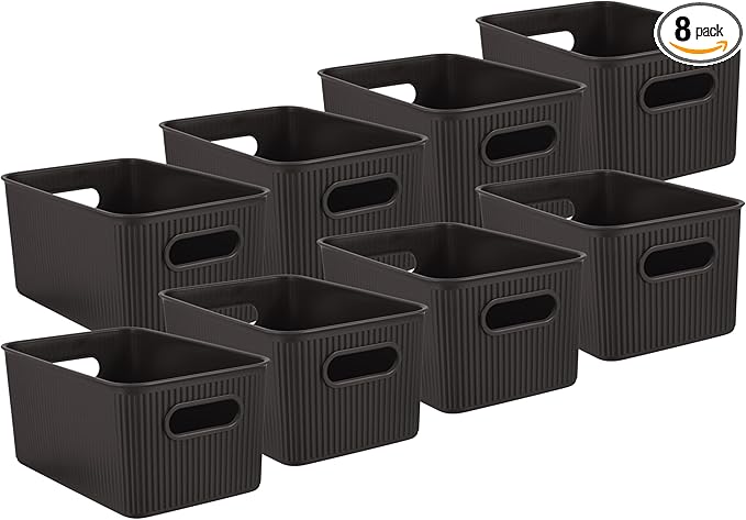 Superio Decorative Plastic Basket Open Home Storage Bins Organizer Baskets, Medium, Brown (8 Pack) Container Boxes for Organizing Closet Storage Bins for Shelves Drawer Shelf, 5 Liter