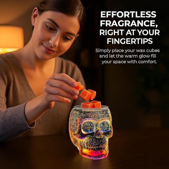 Wax Melt Warmer, Wax Warmer for Scented Wax with Light Bulb, Electric Skull Wax Burner, Halloween Fragrance Wax Melter for Home and Gifts (Rainbow Skull)