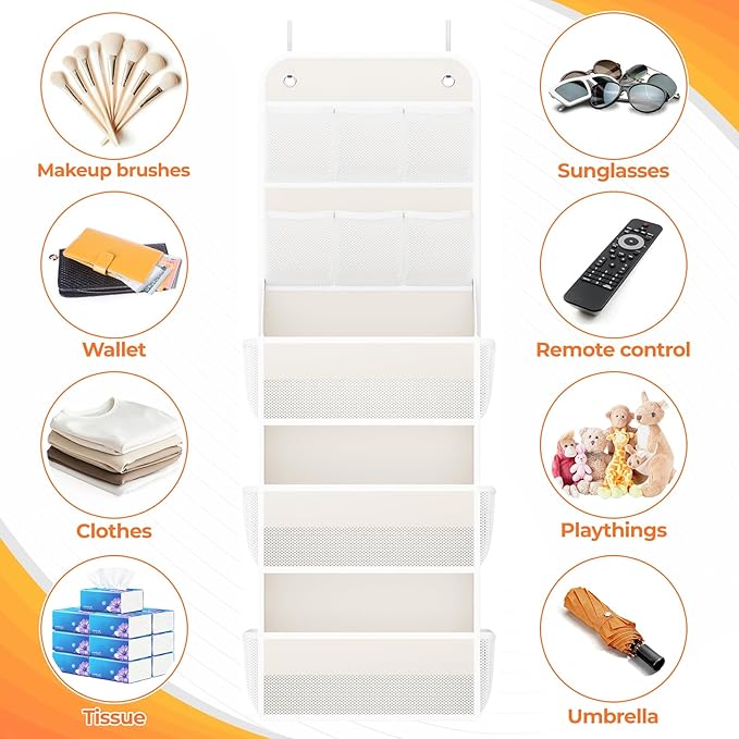 5-Tier Over the Door Organizer with Mesh Pockets, Baby Nursery Storage for Closet, Bathroom and Bedroom, Adjustable Hanging Closet Organizer for Cosmetics, Books and Essentials (Beige)