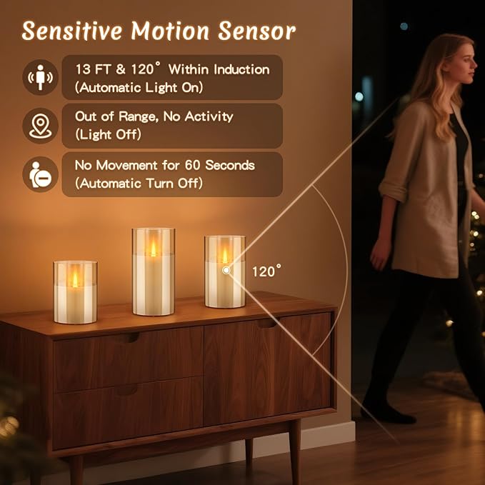 3PC Radar Motion Sensor Rechargeable Led Candles, Flameless Flickering Candle with Remote & Timer, Real Wax in Glass with Flickering Warm Light for Festival, Bedroom, christmas and party Decor-Amber