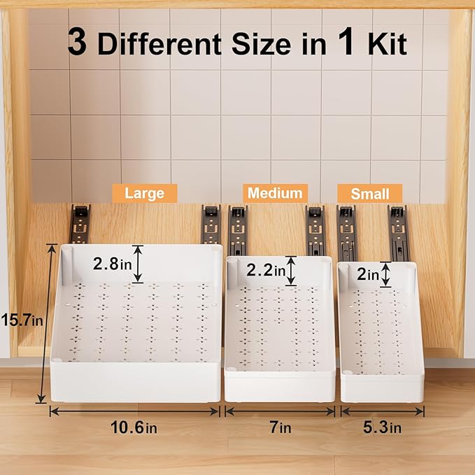 Delamu 3 Pack Pull Out Cabinet Organizer, 15.7"Deep Pull Out Drawers for Cabinets, Slide Out Drawers for Kitchen Cabinets, Bathroom Cabinet Organizer, Pantry (White)