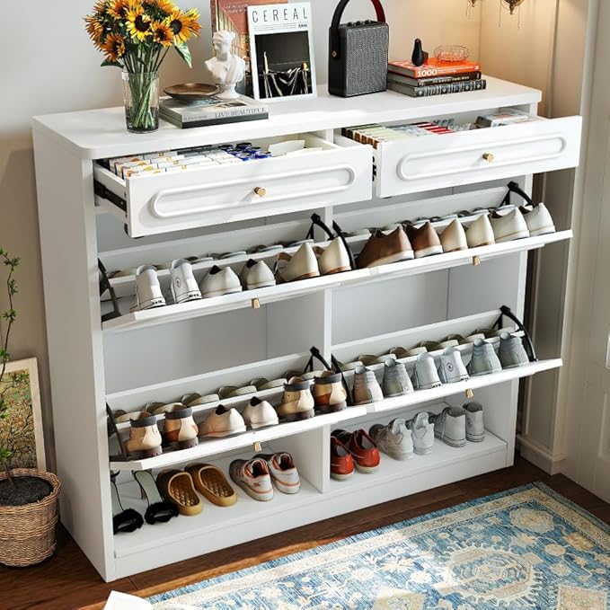 Wooden Shoe Cabinet with 4 Flip Drawers 2 Storage Drawers Farmhouse Style Shoe Organizer for Classified Storage Black (Light White)