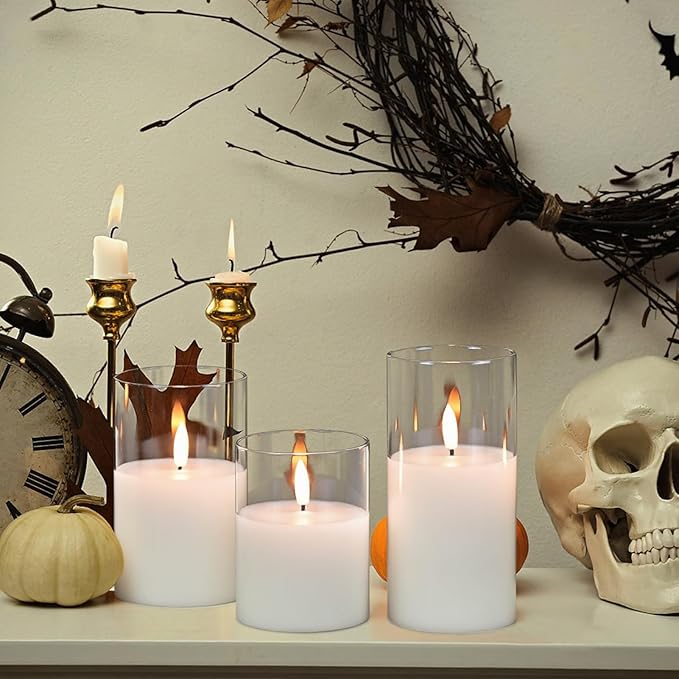 Rechargeable Candles with Remote Timer, Clear Glass Flameless Candles Flickering with Charging Cable, 3 Pack Real Wax LED Pillar Candle for Halloween Christmas Home Decor (D3” x H4”5”6”)