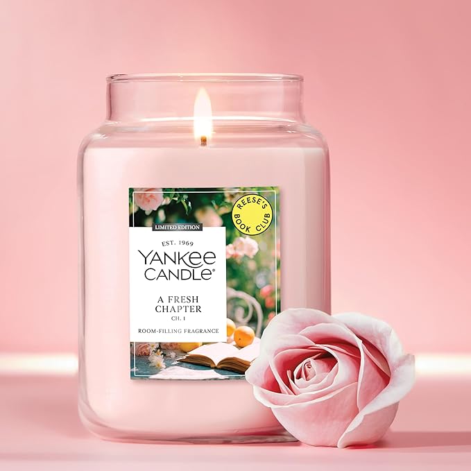 Yankee Candle x Reese’s Book Club, A Fresh Chapter, Spring Scented Candle, Bright Pomelo Scent, Blooming Rose Scent, 22oz Large Jar Candle with up to 150 Hours Burn Time, Giftable