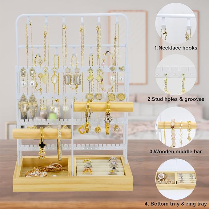 Jewelry Holder Organizer Stand 4-Tier Necklace Stand Earring Holder with Wooden Tray, Jewelry Rack for Bracelets Watches and Rings Display Stand, Gifts for Women & Girls-White
